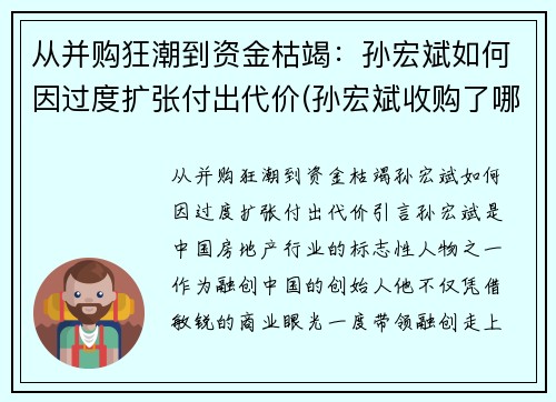 从并购狂潮到资金枯竭：孙宏斌如何因过度扩张付出代价(孙宏斌收购了哪些)