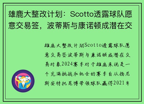 雄鹿大整改计划：Scotto透露球队愿意交易签，波蒂斯与康诺顿成潜在交易对象