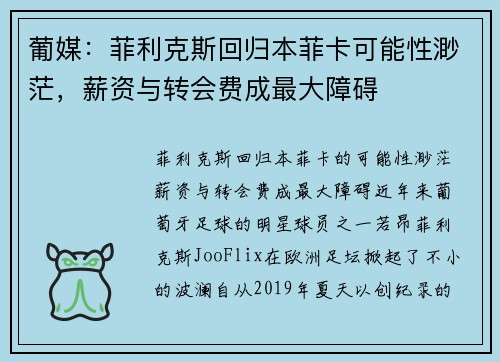 葡媒：菲利克斯回归本菲卡可能性渺茫，薪资与转会费成最大障碍
