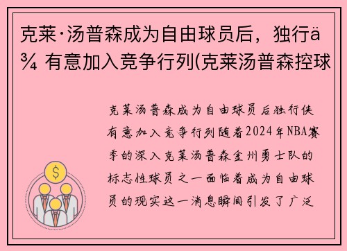 克莱·汤普森成为自由球员后，独行侠有意加入竞争行列(克莱汤普森控球)