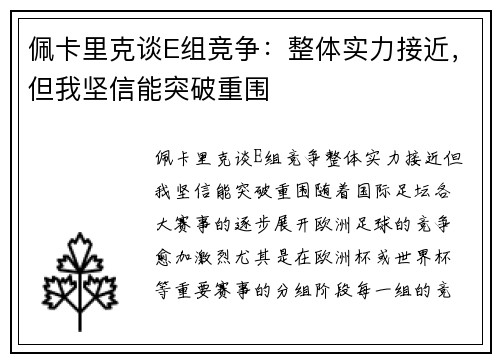 佩卡里克谈E组竞争：整体实力接近，但我坚信能突破重围