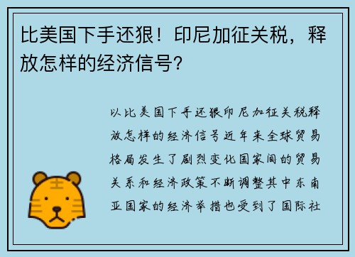 比美国下手还狠！印尼加征关税，释放怎样的经济信号？
