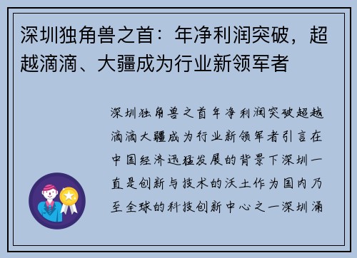 深圳独角兽之首：年净利润突破，超越滴滴、大疆成为行业新领军者