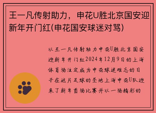 王一凡传射助力，申花U胜北京国安迎新年开门红(申花国安球迷对骂)