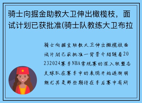 骑士向掘金助教大卫伸出橄榄枝，面试计划已获批准(骑士队教练大卫布拉切)